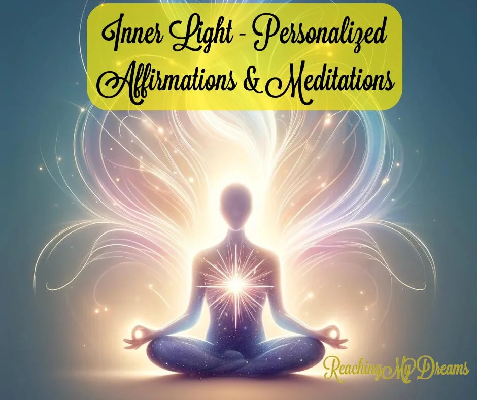 A glowing figure meditates with radiating light, surrounded by colorful energy. The text reads:
