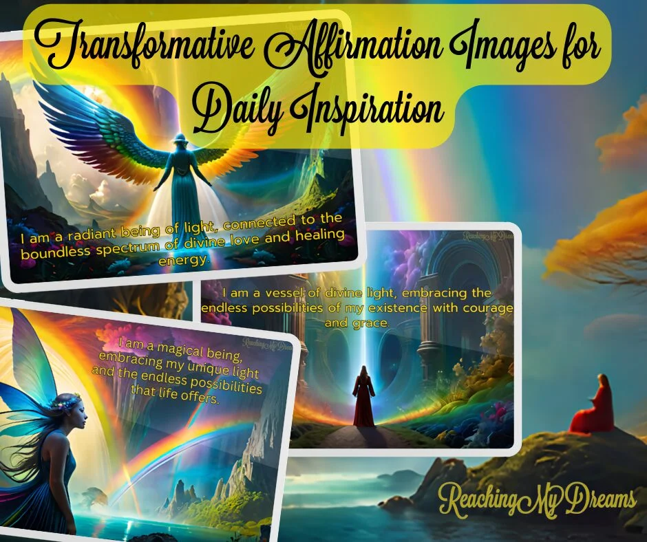 A collection of transformative affirmation images with vibrant, mystical backgrounds and inspirational text for daily inspiration.